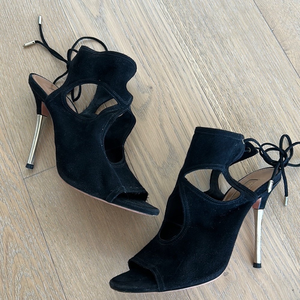 Aquazurra Black Suede Lace Up Heels